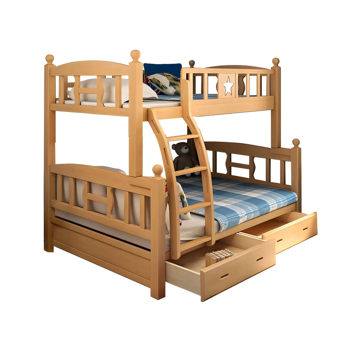 Beech Storage Drawers Bunk Bed with Guardrail and Stairs Image - 20