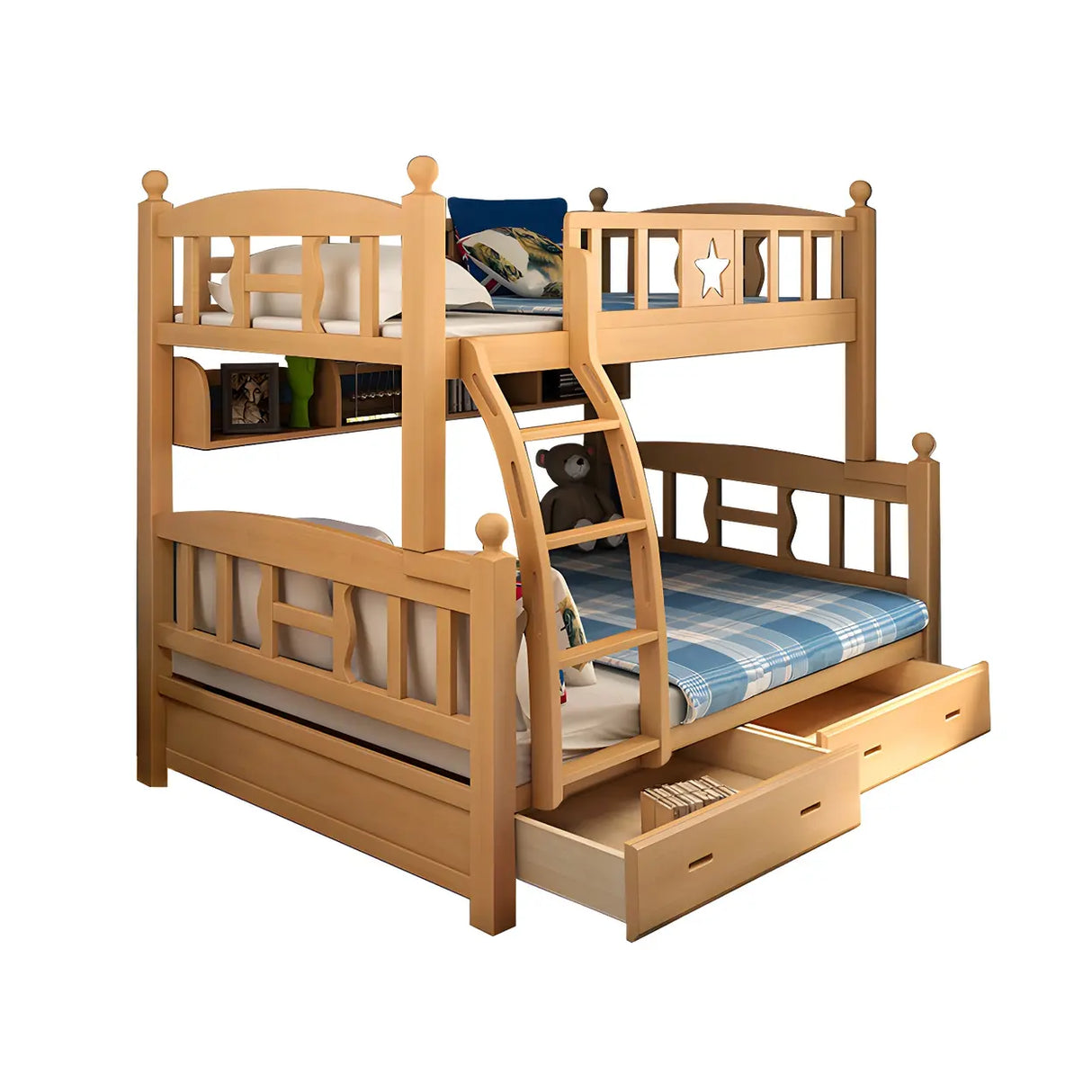 Beech Storage Drawers Bunk Bed with Guardrail and Stairs Image - 21
