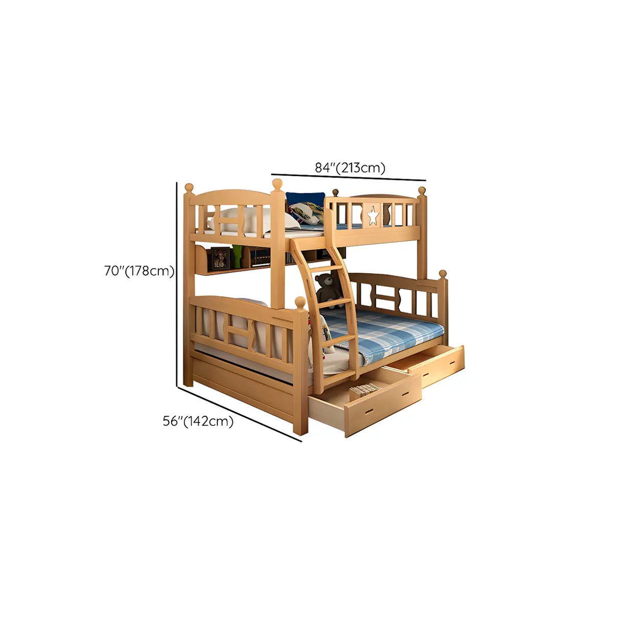 Beech Storage Drawers Bunk Bed with Guardrail and Stairs Image - 27