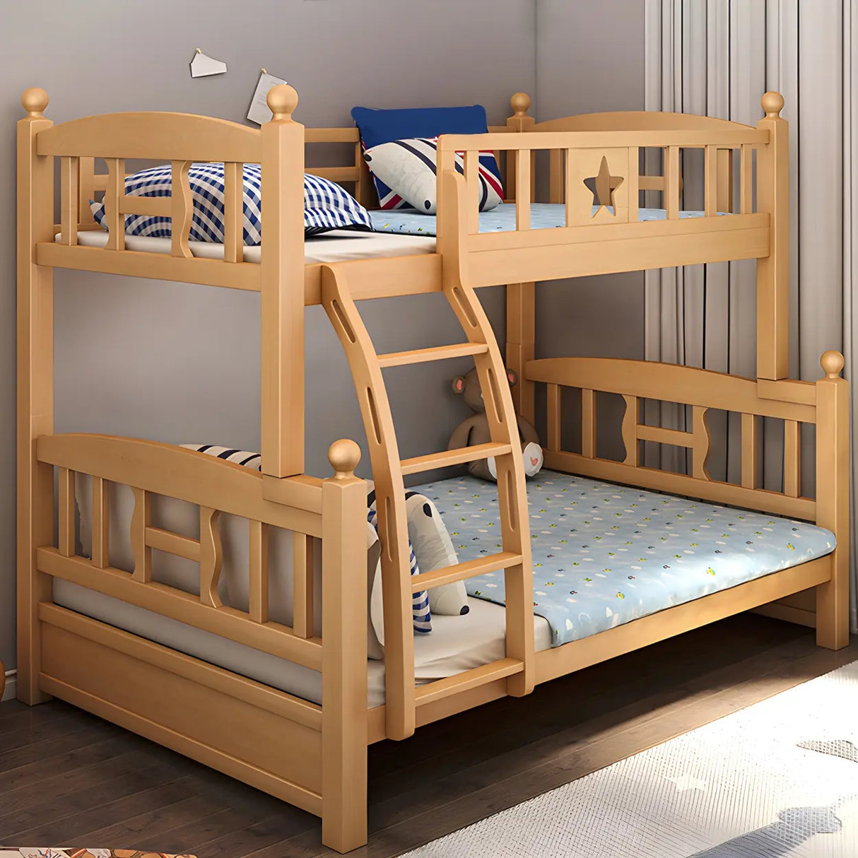 Beech Storage Drawers Bunk Bed with Guardrail and Stairs Image - 3