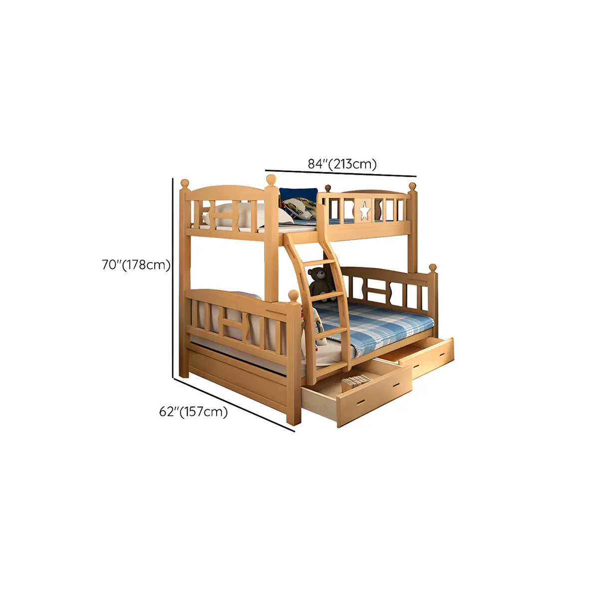 Beech Storage Drawers Bunk Bed with Guardrail and Stairs Image - 30