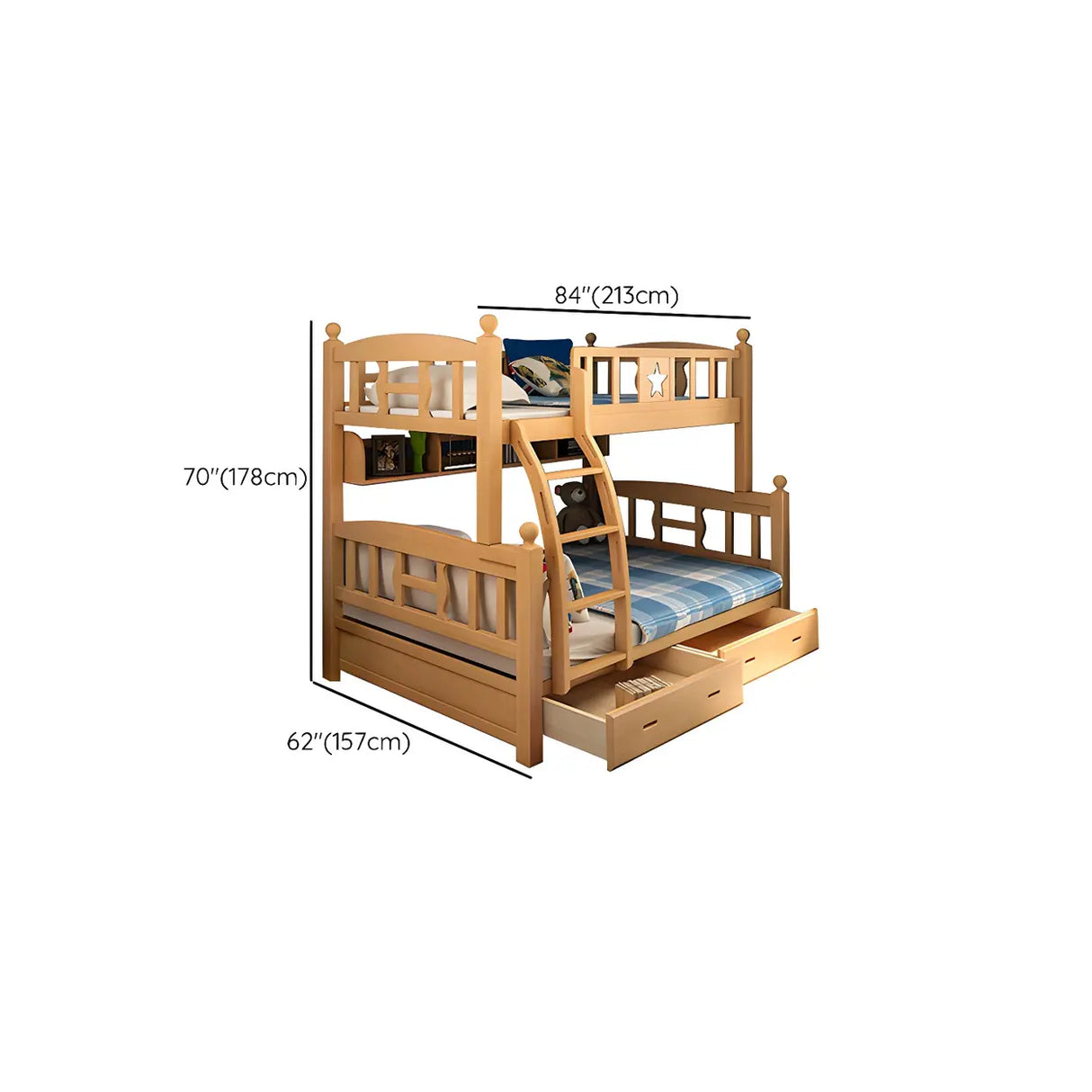 Beech Storage Drawers Bunk Bed with Guardrail and Stairs Image - 33