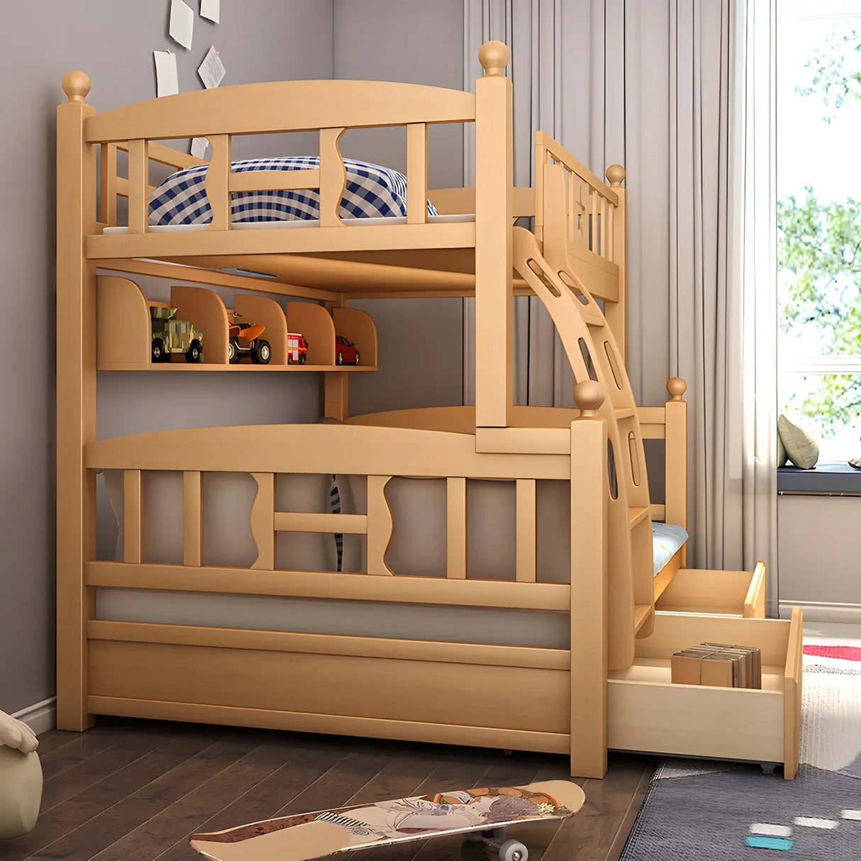 Beech Storage Drawers Bunk Bed with Guardrail and Stairs Image - 4