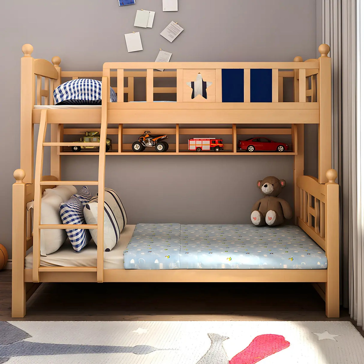 Beech Storage Drawers Bunk Bed with Guardrail and Stairs Image - 5