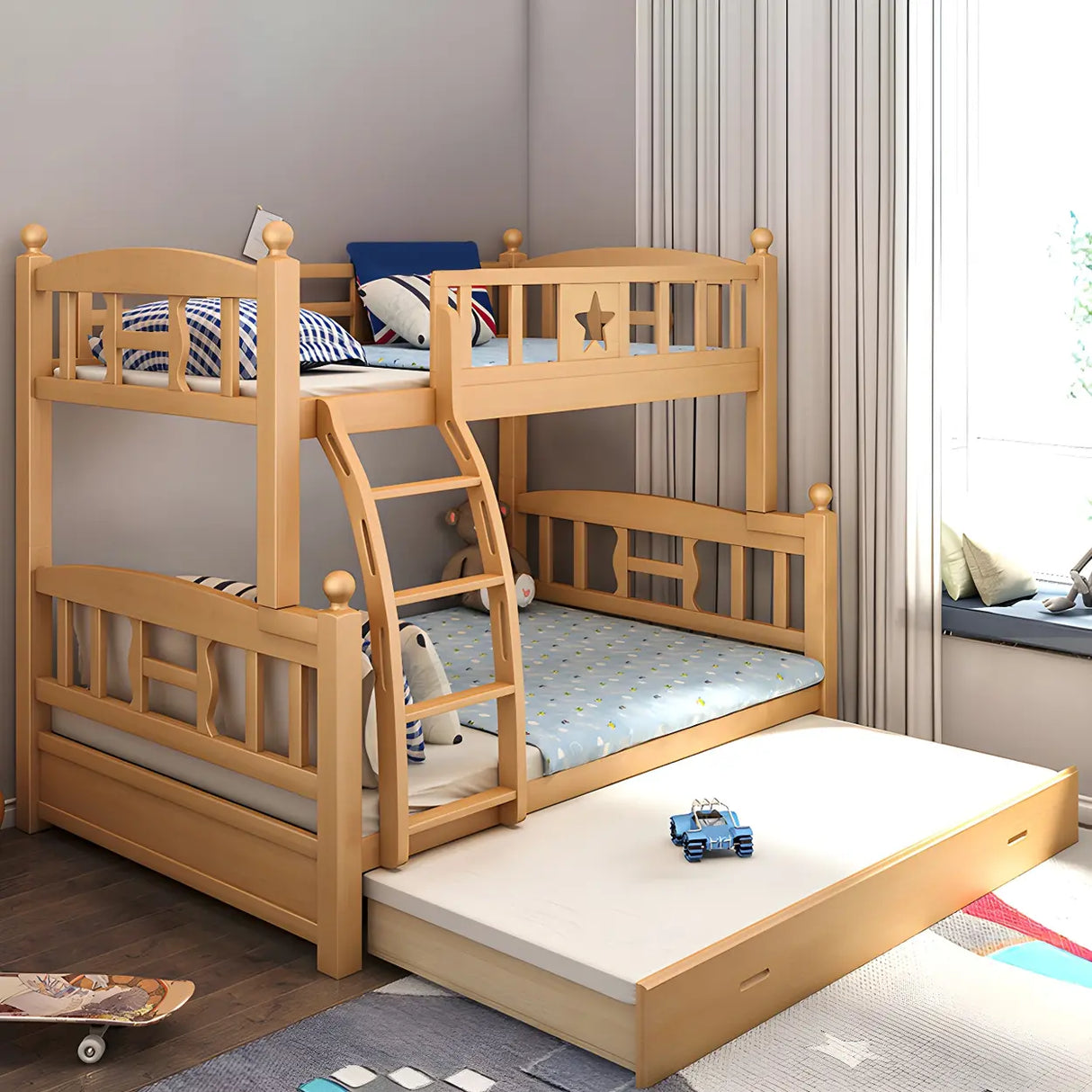 Beech Storage Drawers Bunk Bed with Guardrail and Stairs Image - 6