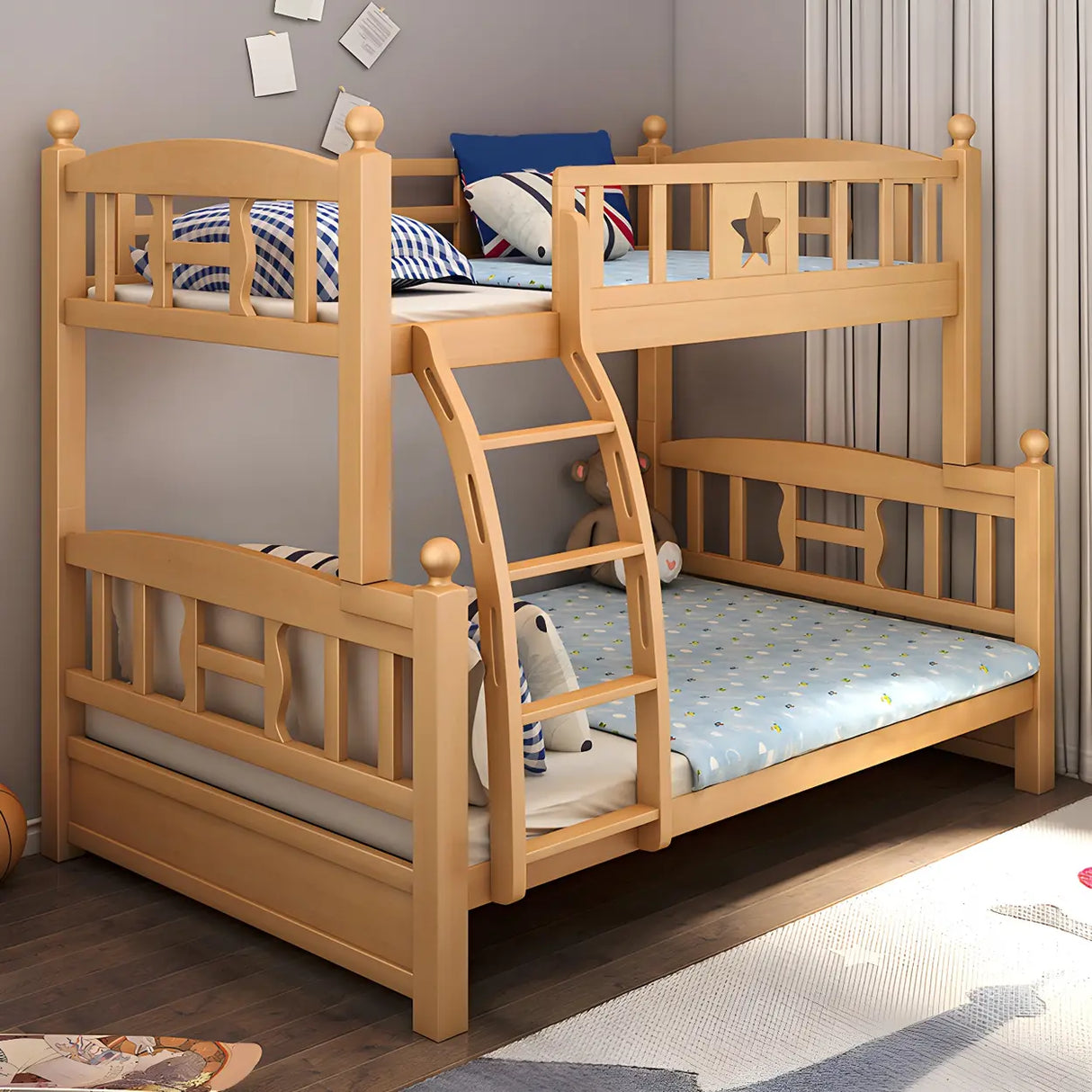 Beech Storage Drawers Bunk Bed with Guardrail and Stairs Image - 7