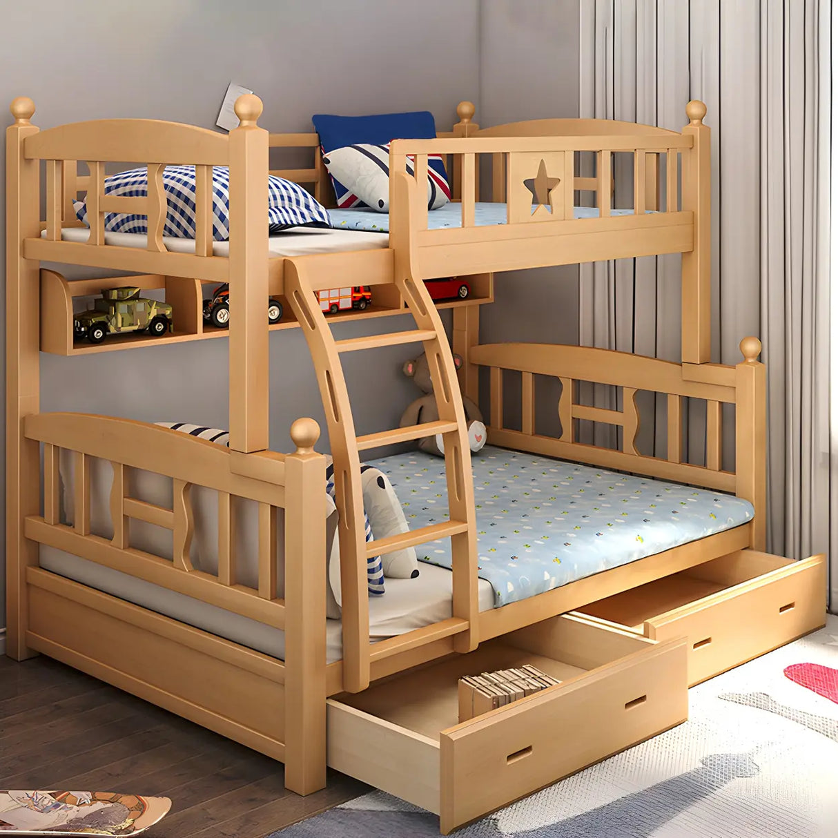 Beech Storage Drawers Bunk Bed with Guardrail and Stairs Image - 8