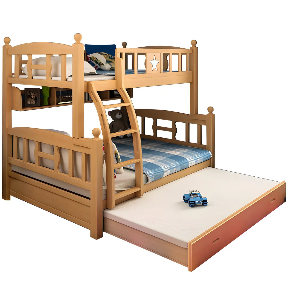Beech Storage Drawers Bunk Bed with Guardrail and Stairs Image - 9
