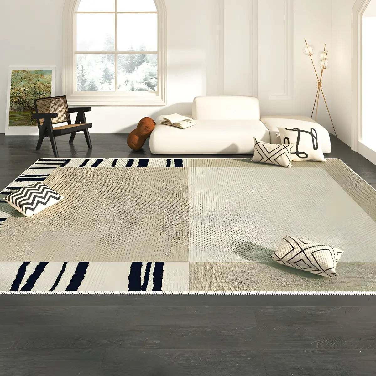 Beige-Black Contemporary Abstract Flannel Area Rug Image - 9
