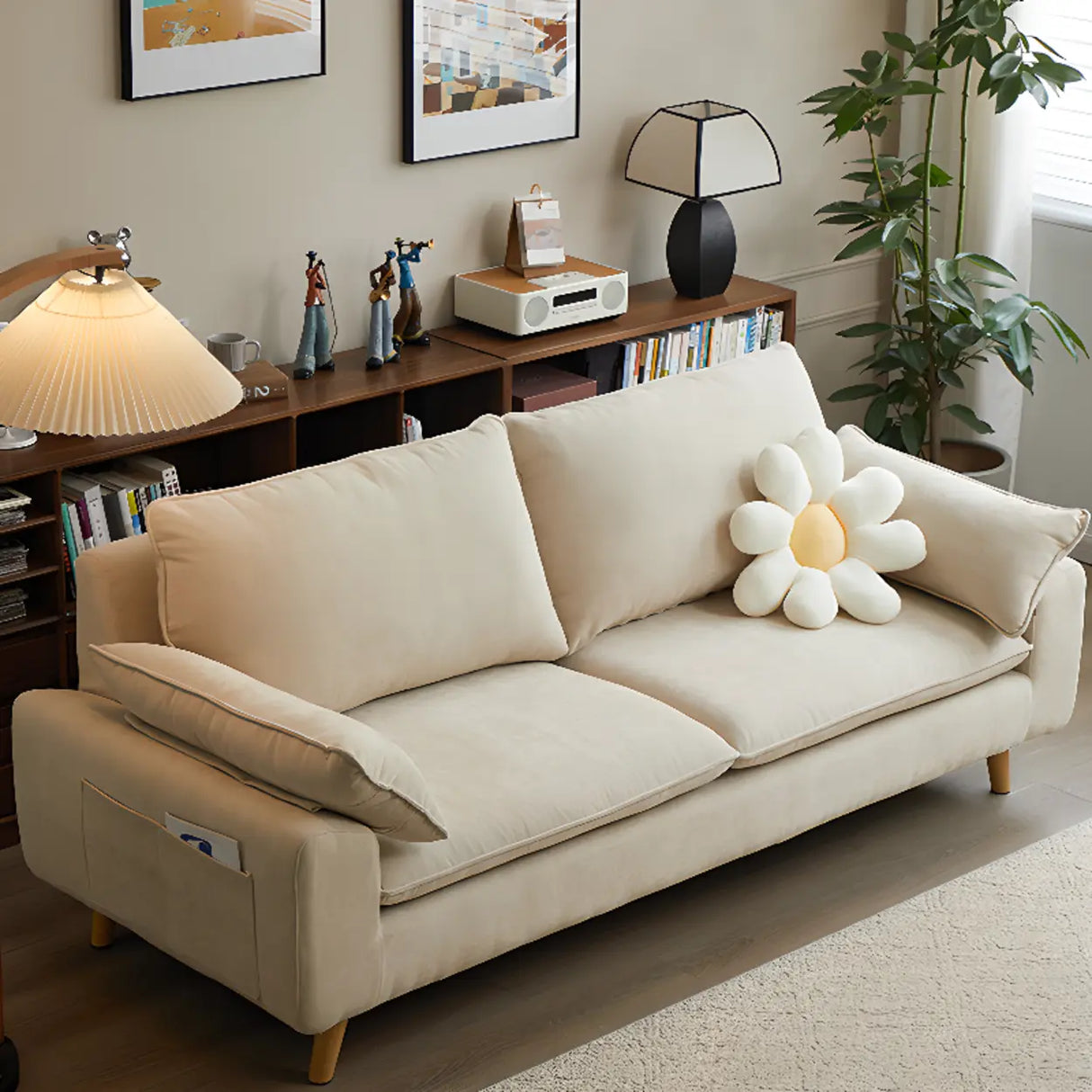 Beige Chenille Fabric Pillow Back Wood Leg Storage Sofa Image - 1