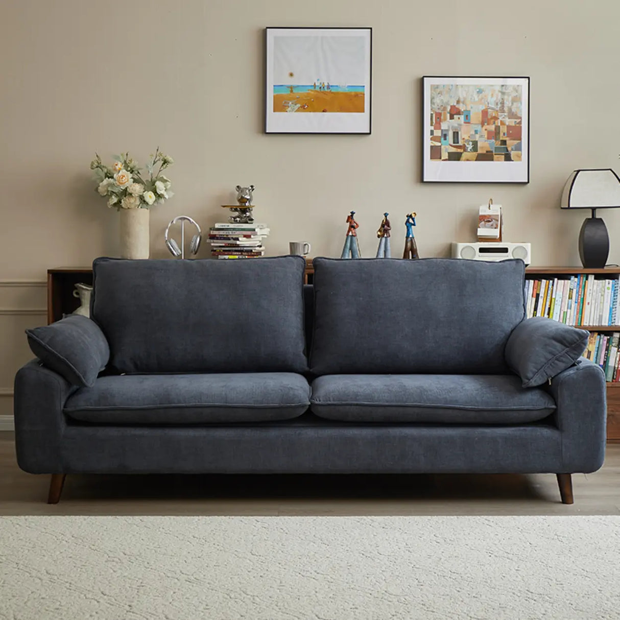 Beige Chenille Fabric Pillow Back Wood Leg Storage Sofa Image - 2