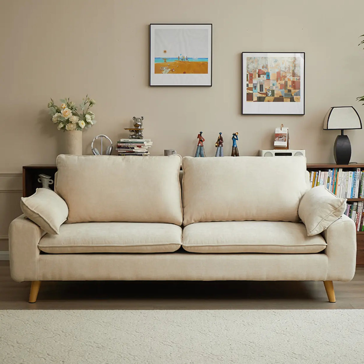 Beige Chenille Fabric Pillow Back Wood Leg Storage Sofa Image - 3