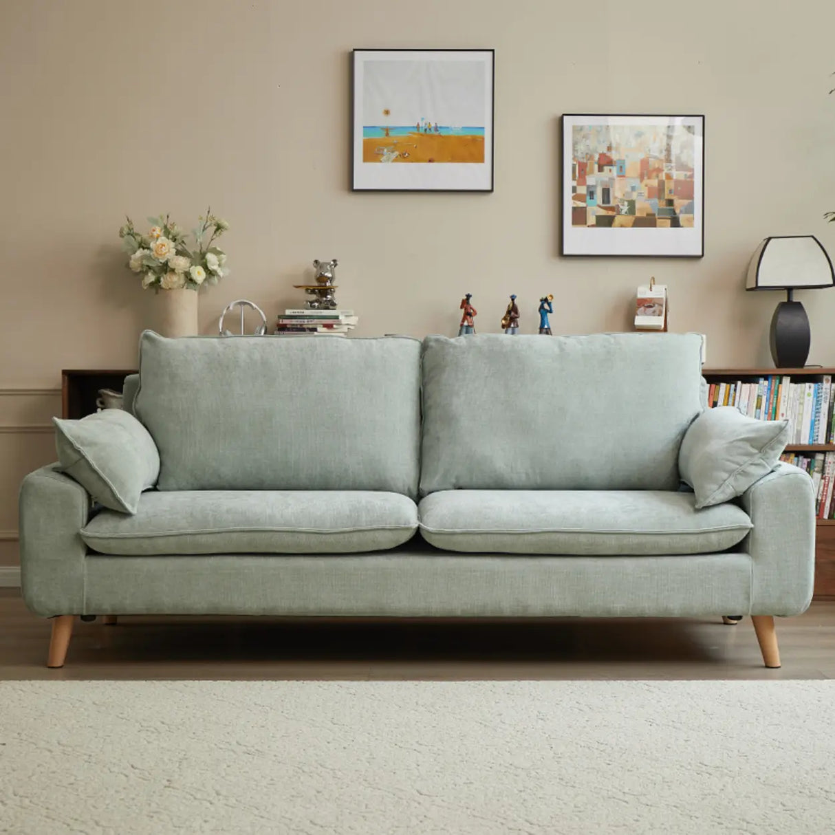 Beige Chenille Fabric Pillow Back Wood Leg Storage Sofa Image - 4
