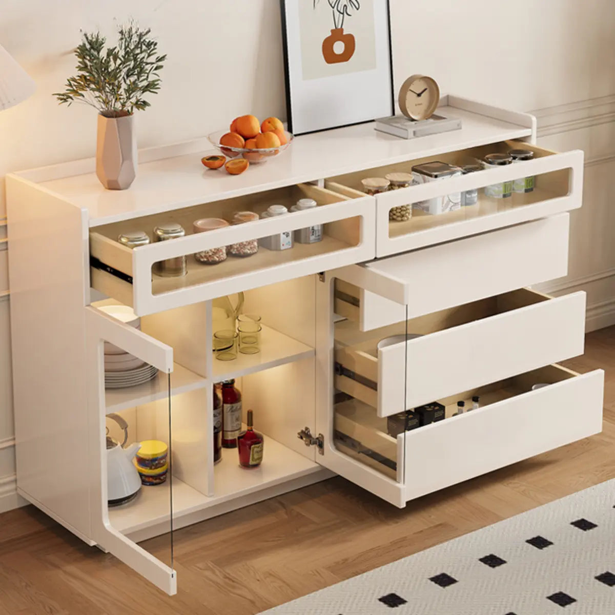 Beige Composite Wood Glazed Shelves Sideboard with Drawers Image - 4