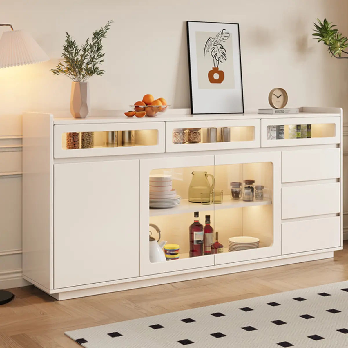 Beige Composite Wood Glazed Shelves Sideboard with Drawers Image - 5