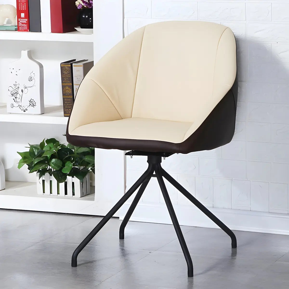 Beige Contemporary Swivel Faux Leather Office Chair Image - 3