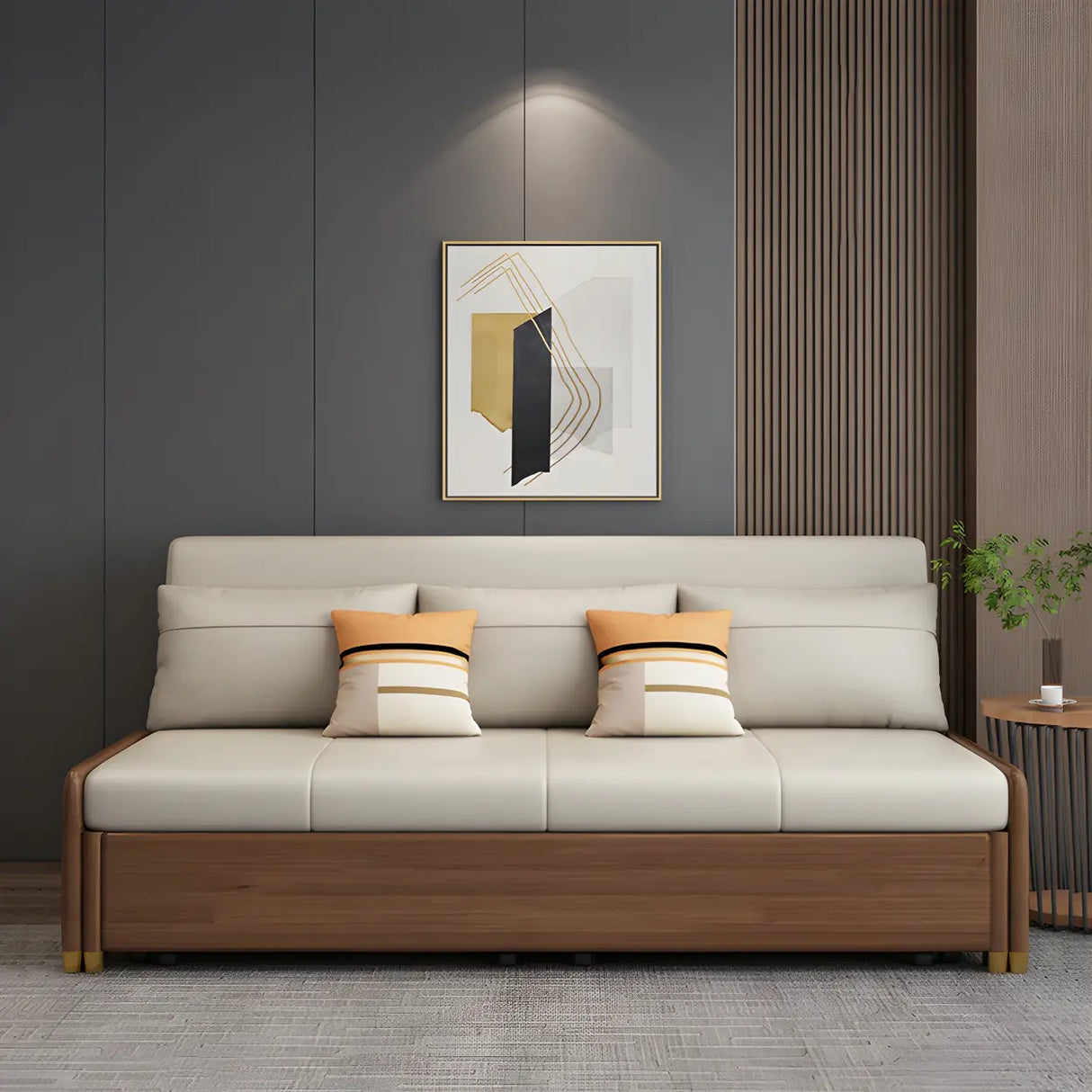 Beige Convertible Wood Armless Sofa Bed with Storage Image - 15