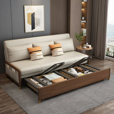 Beige Convertible Wood Armless Sofa Bed with Storage Image - 2