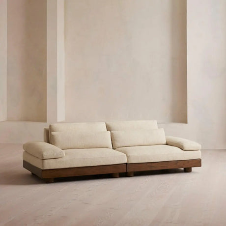 Beige Cotton Linen Pillow Back Brown Wood Frame Sofa Image - 1