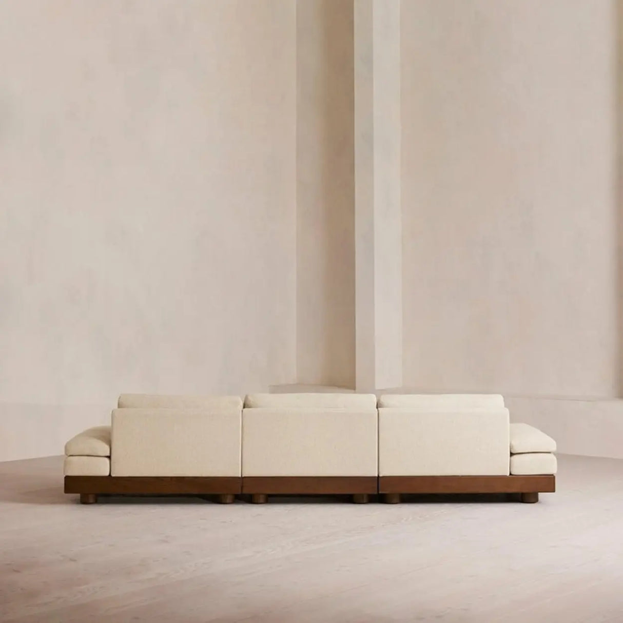 Beige Cotton Linen Pillow Back Brown Wood Frame Sofa Image - 12