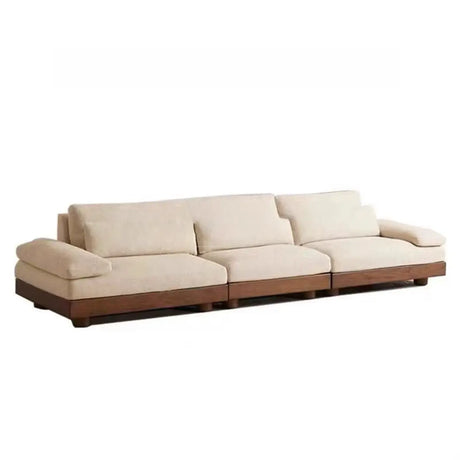 Beige Cotton Linen Pillow Back Brown Wood Frame Sofa Image - 2