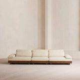 Beige Cotton Linen Pillow Back Brown Wood Frame Sofa Image - 5