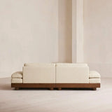 Beige Cotton Linen Pillow Back Brown Wood Frame Sofa Image - 9