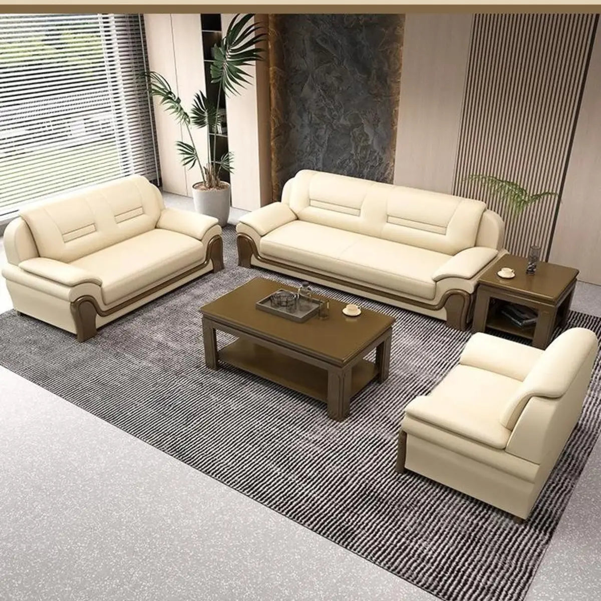 Beige Faux Leather Dark Wood Frame Sofa Seating Group Image - 1