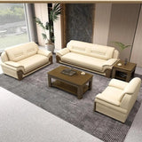 Beige Faux Leather Dark Wood Frame Sofa Seating Group Image - 1