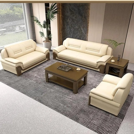 Beige Faux Leather Dark Wood Frame Sofa Seating Group Image - 1