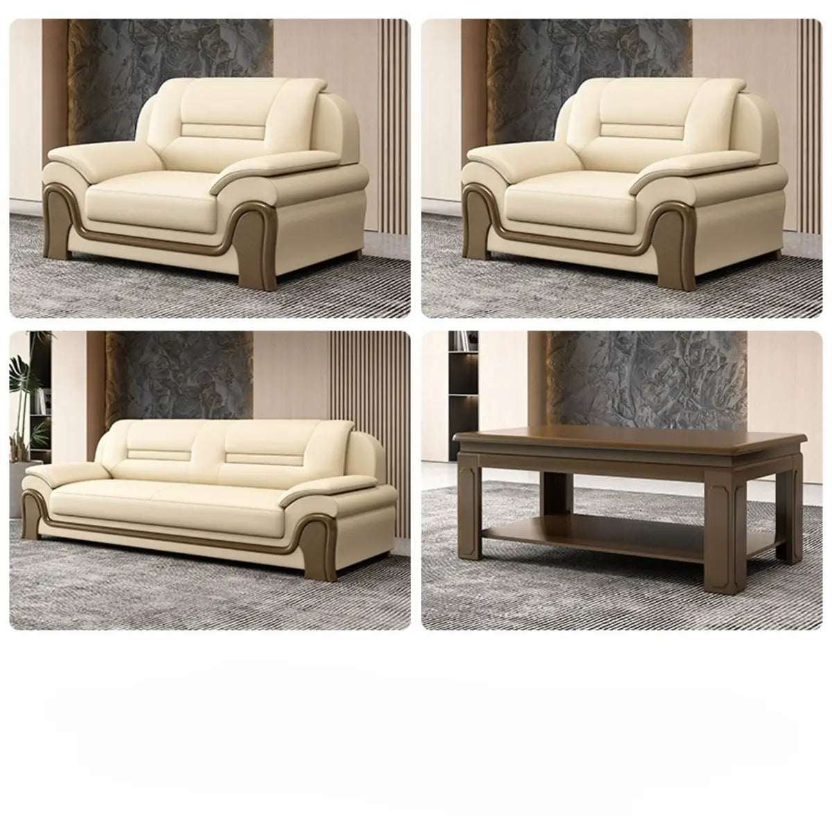 Beige Faux Leather Dark Wood Frame Sofa Seating Group Image - 11
