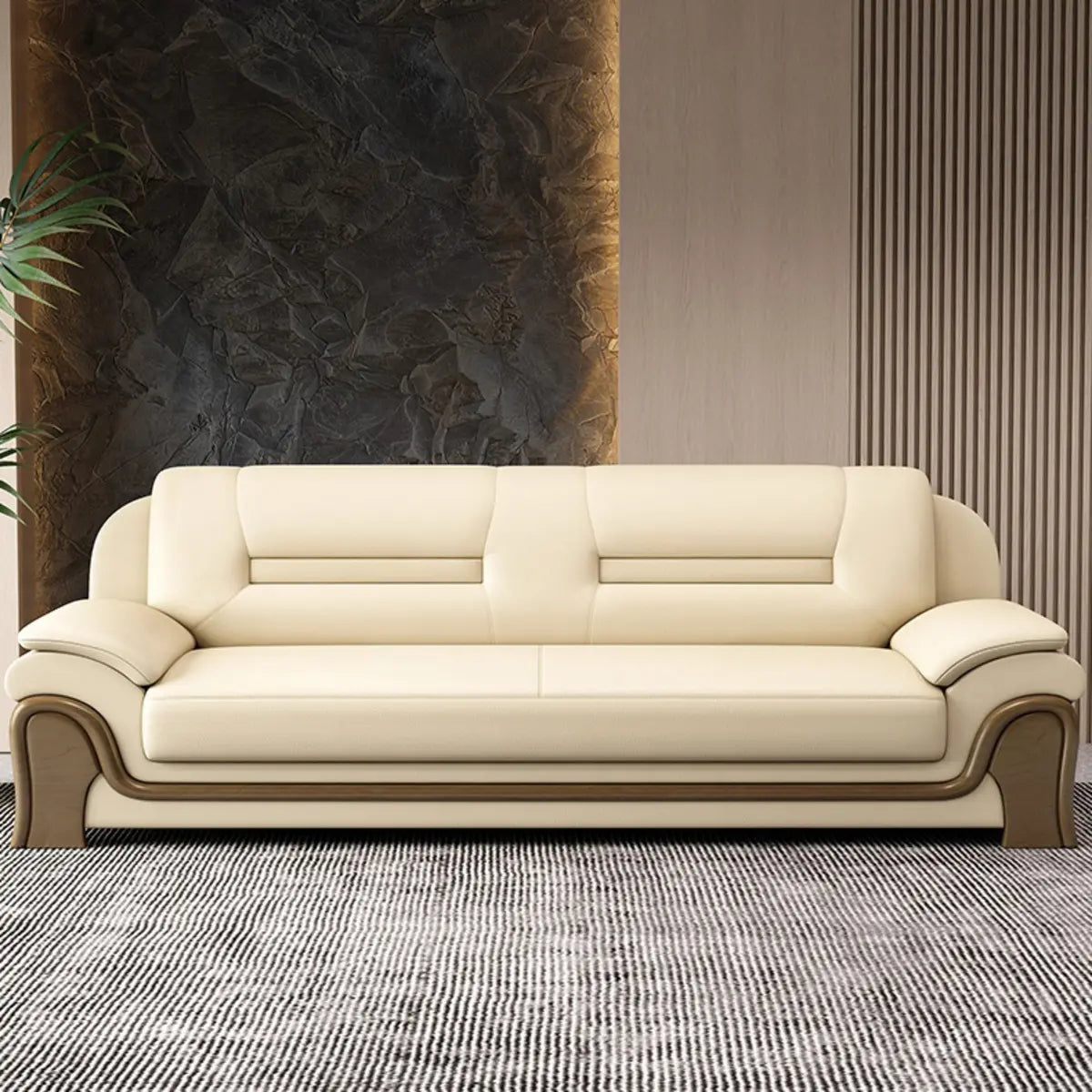 Beige Faux Leather Dark Wood Frame Sofa Seating Group Image - 12