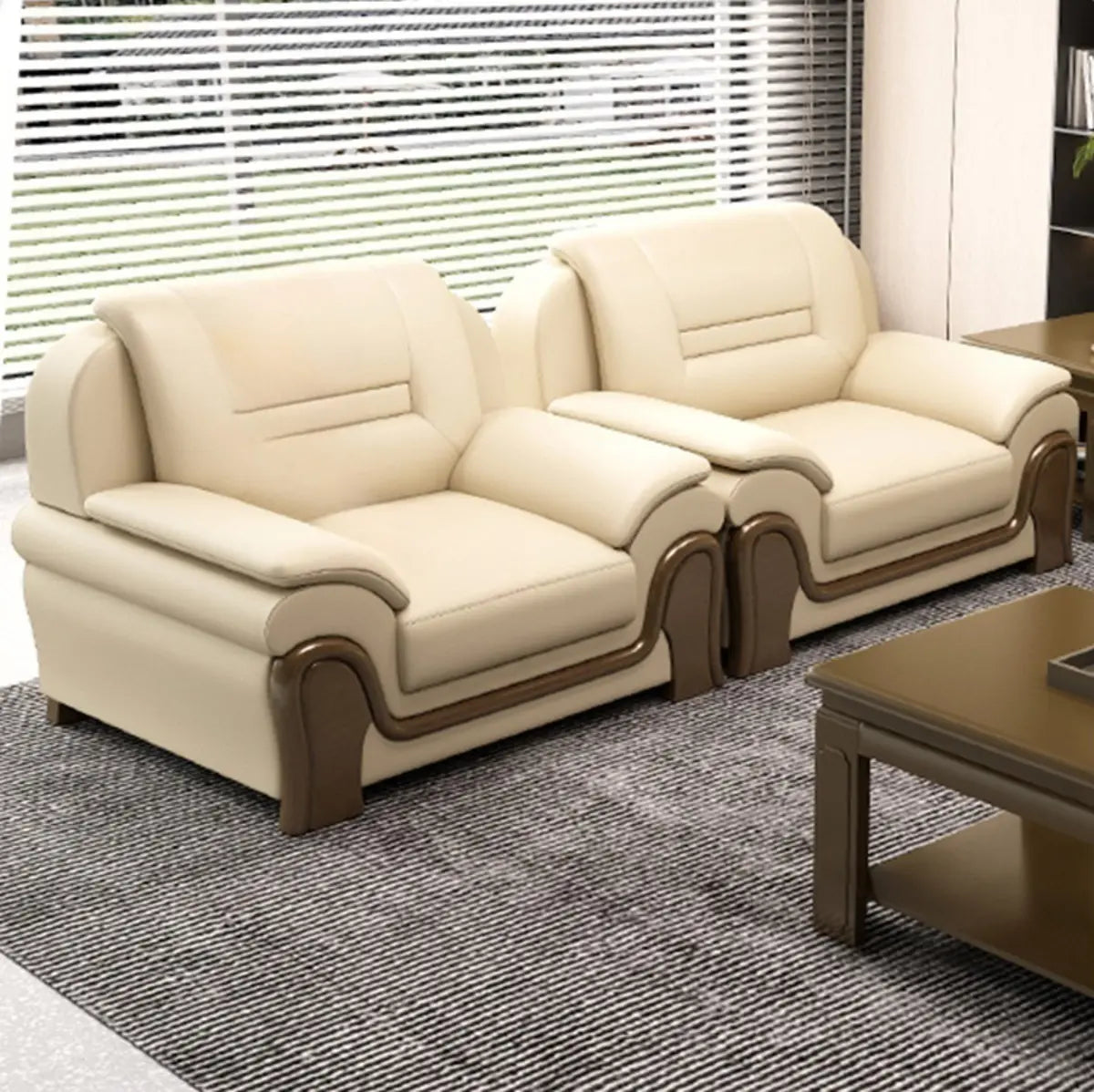 Beige Faux Leather Dark Wood Frame Sofa Seating Group Image - 14