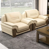 Beige Faux Leather Dark Wood Frame Sofa Seating Group Image - 14