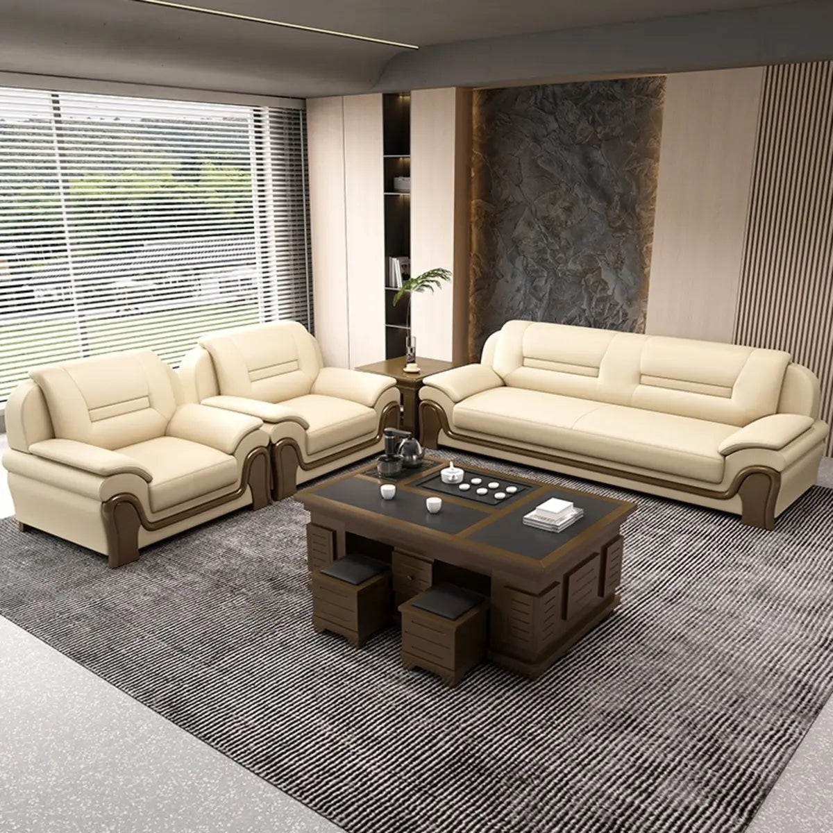 Beige Faux Leather Dark Wood Frame Sofa Seating Group Image - 15