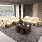 Beige Faux Leather Dark Wood Frame Sofa Seating Group Image - 15