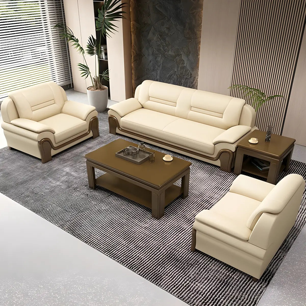 Beige Faux Leather Dark Wood Frame Sofa Seating Group Image - 16