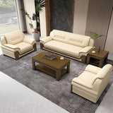 Beige Faux Leather Dark Wood Frame Sofa Seating Group Image - 16