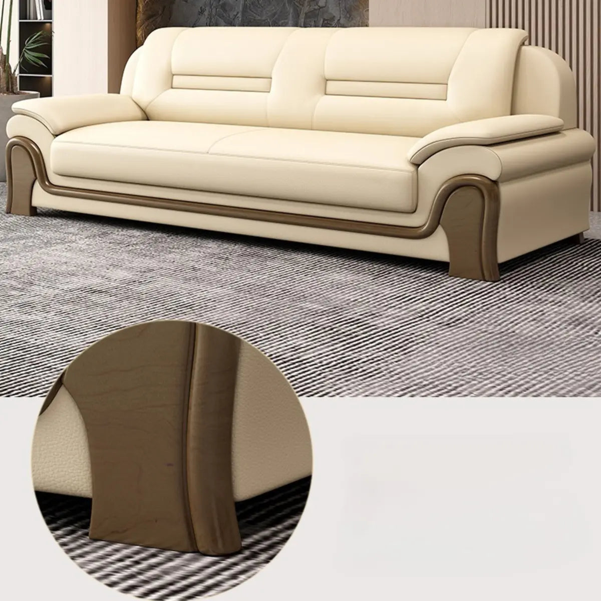 Beige Faux Leather Dark Wood Frame Sofa Seating Group Image - 18