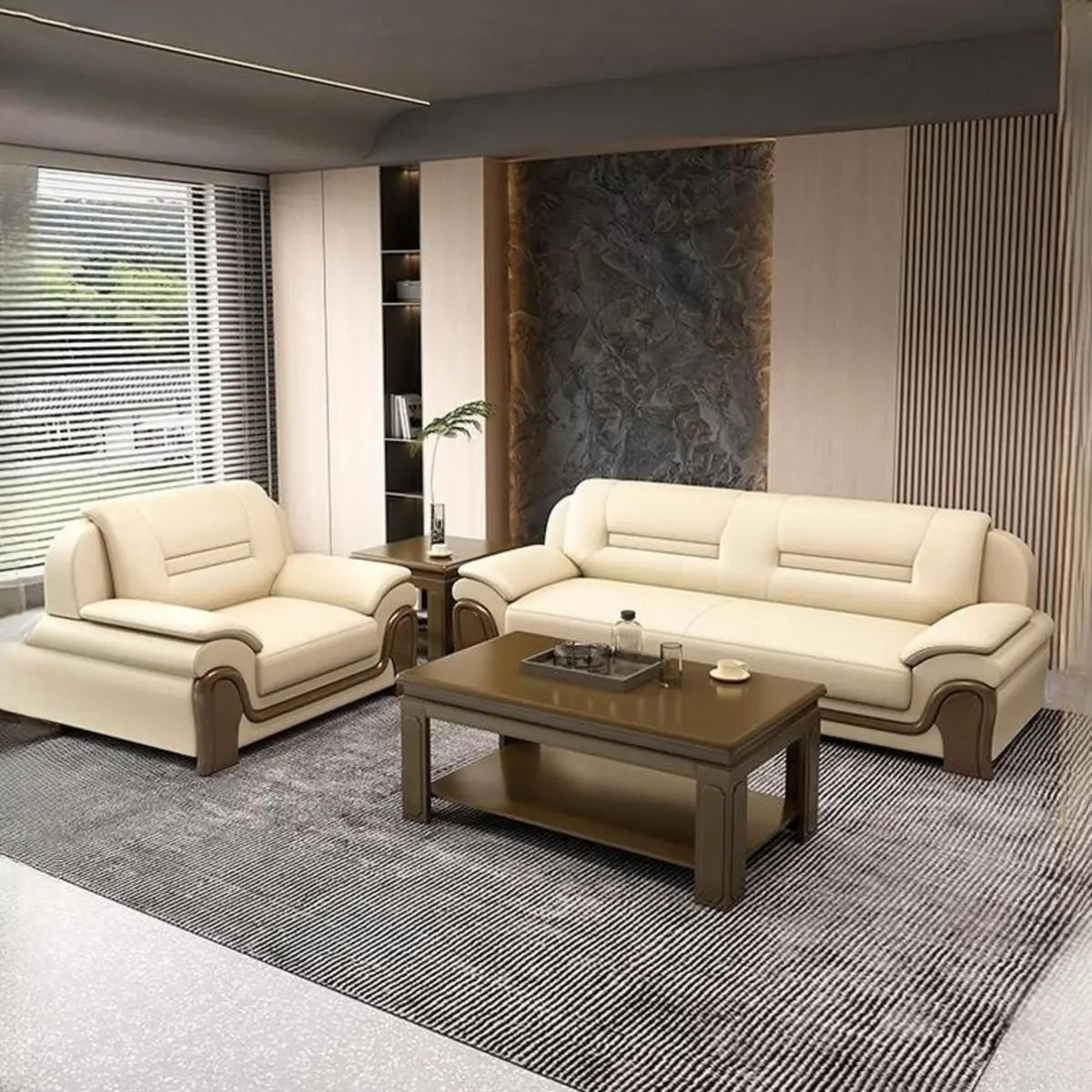 Beige Faux Leather Dark Wood Frame Sofa Seating Group Image - 3