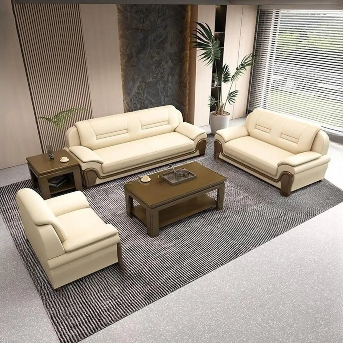 Beige Faux Leather Dark Wood Frame Sofa Seating Group Image - 5