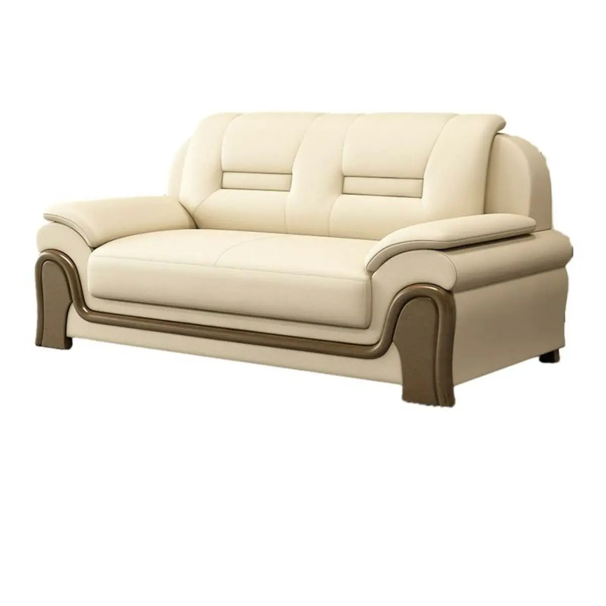 Beige Faux Leather Dark Wood Frame Sofa Seating Group Image - 6