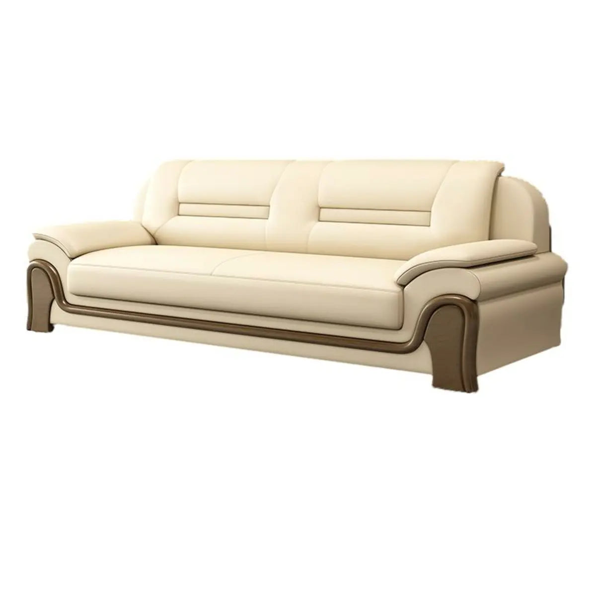 Beige Faux Leather Dark Wood Frame Sofa Seating Group Image - 7