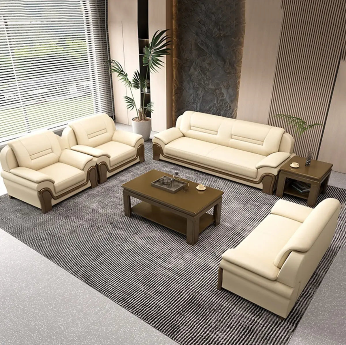 Beige Faux Leather Dark Wood Frame Sofa Seating Group Image - 8