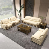 Beige Faux Leather Dark Wood Frame Sofa Seating Group Image - 8