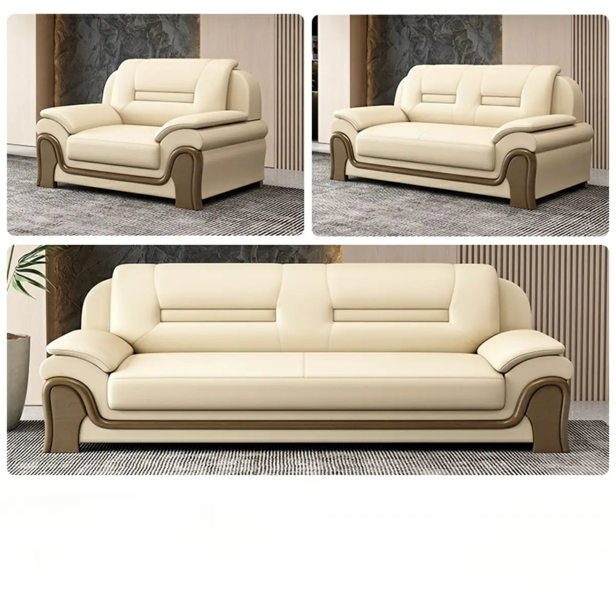 Beige Faux Leather Dark Wood Frame Sofa Seating Group Image - 9