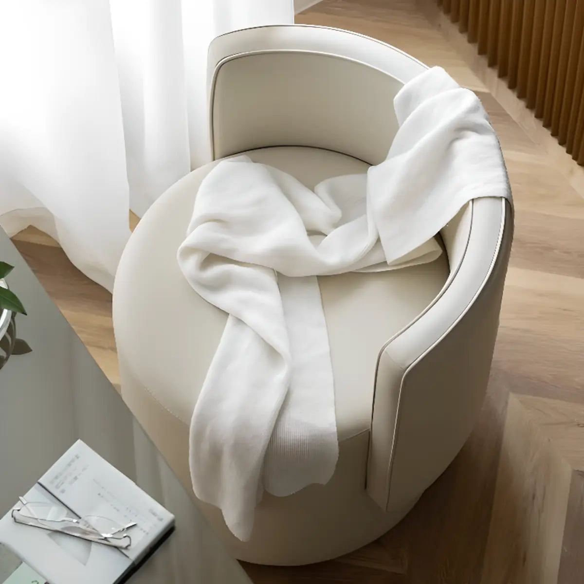 Beige Faux Leather Fixed Back Round Arm Barrel Chair Image - 4
