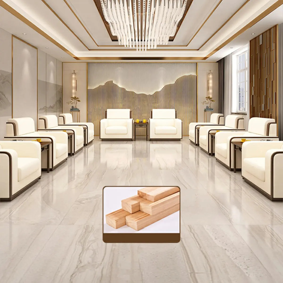 Beige Faux Leather Wooden Frame Chairs with Arms Image - 8