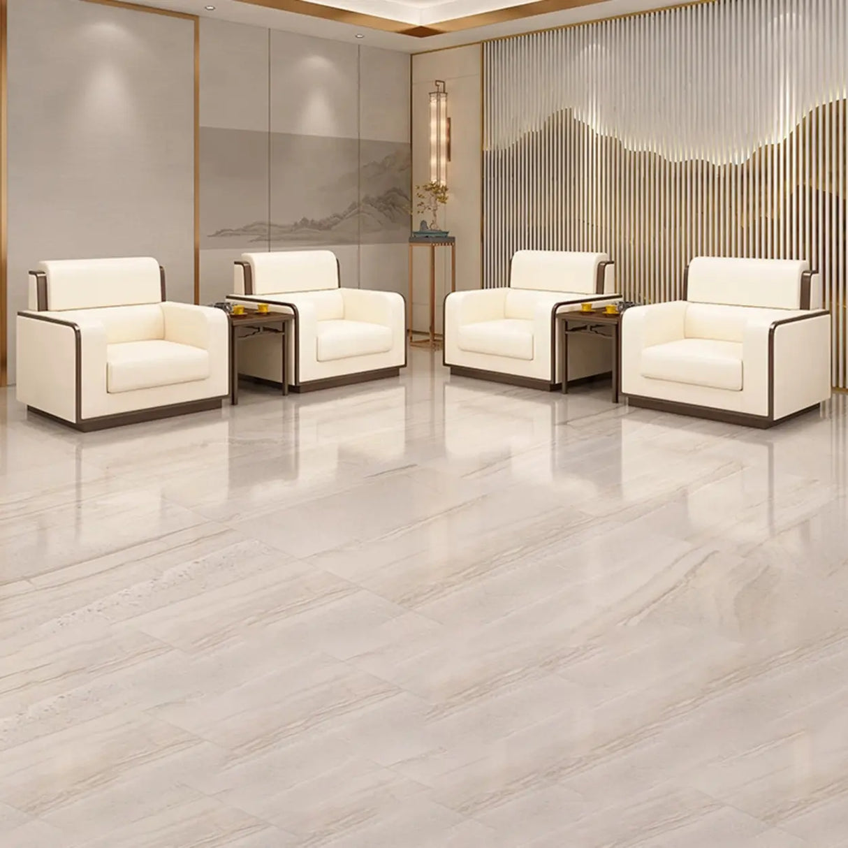 Beige Faux Leather Wooden Frame Chairs with Arms Image - 3