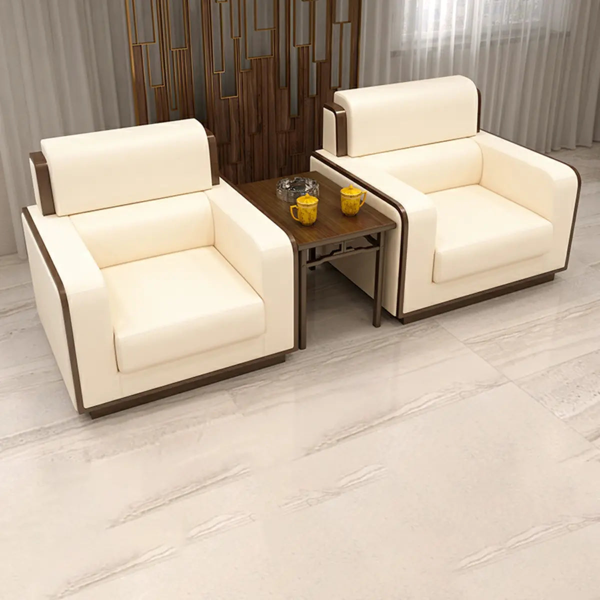 Beige Faux Leather Wooden Frame Chairs with Arms Image - 9